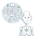 White background with silhouette color sections shading of closeup robot and set elements futuristic in circular frame Royalty Free Stock Photo