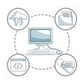 White background with silhouette color sections shading of desk computer and icons business development around