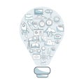 White background with silhouette color sections shading of light bulb shape solution with icons business development