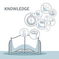 White background with silhouette color sections shading of open book with floating icons knowledge Royalty Free Stock Photo