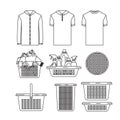 White background of silhouette set elements of laundry and cleaning items with clothes and plastic basins