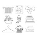 White background of silhouette set elements of laundry and cleaning items of wash machine