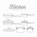 White background with silhouette set of kitchen pots and pans with lids kitchen utensils