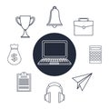 White background with silhouette tech laptop set icons elements office around Royalty Free Stock Photo
