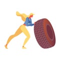  on white background sport woman doing extreme training with tire. Illustration good for hard muscular exercising in