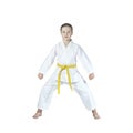 On a white background the sportswoman stands in a karate rack