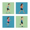 White background with squares set of men and women athletes running