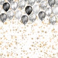 White Background with stars confetti and black and white balloons as top border. Shiny glossy realistic Royalty Free Stock Photo