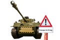 White background Tank with warning sign in german