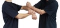 On a white background techniques of Wing Chun are performing two athletes