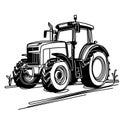 On a white background, there is a black and white depiction of a tractor. Royalty Free Stock Photo