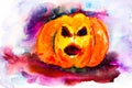 On a white background there is a bright pumpkin that infuses the shit and horror, her eyes and mouth are open.