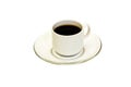 A cup of black coffee on a transparent saucer on a white background