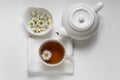 Tea in a white cup, teapot, chamomile on a white background Royalty Free Stock Photo