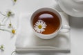 Tea in a white cup close up on a white background Royalty Free Stock Photo