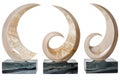 white background, three abstract stone sculptures with a marble base Royalty Free Stock Photo