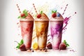 On a white background, three fruit shakes or smoothies with straws and garnishes Royalty Free Stock Photo