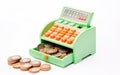 White Background with Toy Cash Register and Play Money -Generative Ai Royalty Free Stock Photo