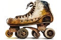 White background with a used, vintage roller skate in various stages of wear and use