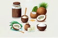 White background with a variety of coconut products: oil, milk, flour, drink, young coconut, palm trees, jar with oil, shavings,