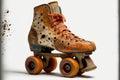 On a white background, a worn out, vintage, consumed roller skate