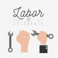 White background with zigzag lines of labor day celebrate with hand in fist and holding spanner tool