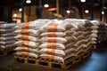 White bag rice or grits storage barn, Close-up of a warehouse with bulk