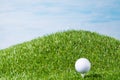 White ball lies on a peg stuck into a lawn for a game of golf, against a blue sky background Royalty Free Stock Photo