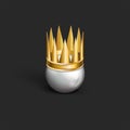 White ball shape abstract head queen or king with wearing a golden crown isolated on black background. Realistic vector 3d artwork