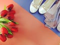 White ballet flat lady shoes on yellow and blue background Royalty Free Stock Photo