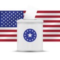 White ballot box with american flag background