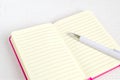 White ballpoint pen on the opened notebook in a pink cover on a white background