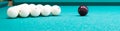 White balls for big billiards lie on a green cloth, a long photo Royalty Free Stock Photo