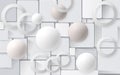 White balls with circles on the background of the tiles. 3D Wallpapers for interior 3D rendering.