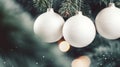 White balls on fir branches, winter snow background, copy space. Merry Christmas and Happy New Year concept. Royalty Free Stock Photo