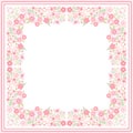 White bandana print with beautiful floral border with light red flowers and green leaves in vector. Square card