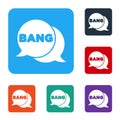 White Bang boom, gun Comic text speech bubble balloon icon isolated on white background. Set icons in color square