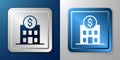 White Bank building icon isolated on blue and grey background. Silver and blue square button. Vector Royalty Free Stock Photo