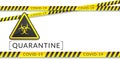 White banner of a coronavirus quarantine has a biohazard sign and tapes