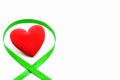 White Banner with Organ Transplant and Organ Donation Awareness Realistic Green Ribbon and red heart