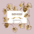 White banner for text, around bunch of golden grapes and leaves, on cream background. Royalty Free Stock Photo