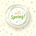 White banner with text hello spring and butterflies on a light background of flowers balloons spirals hearts Spring festive Royalty Free Stock Photo