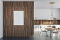 White banner on wooden wall in the dining room area with kitchen Royalty Free Stock Photo