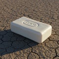 A white bar of soap rests on a cracked, dry clay surface. The rectangular soap has Royalty Free Stock Photo