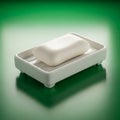 A white bar of soap sits in a rectangular, white ceramic soap dish with rounded Royalty Free Stock Photo