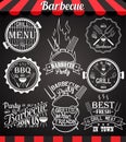 White barbecue party collection of icons, labels, signs, symbols and design elements on blackboard Royalty Free Stock Photo