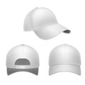 White baseball cap. 3d mockup hat, head caps back, front and side view. Corporate uniform clothes, realistic fashion Royalty Free Stock Photo