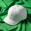 White baseball cap resting on a vibrant green fabric background. The cap features a Royalty Free Stock Photo
