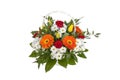 White basket with flowers. A bunch of colorful flowers.