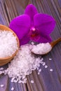 White bath salt in a wooden cup with a spoon on a wooden table w Royalty Free Stock Photo